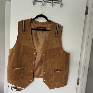 3B West by Tansmith Suede Leather Brown Fringe Beaded Vest size XXL